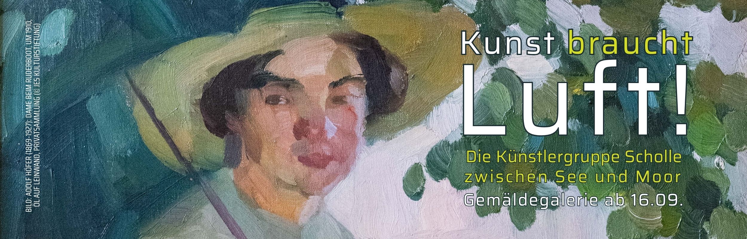 Zu sehen ist eine Dame mit Sonnenschirm von Ästen umgeben, die gerade in ein Boot steigen möchte. Gemälde in Öl gemalt